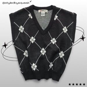 Loubella Vintage 80s Black + White Argyle Knit Sweater Vest Medium